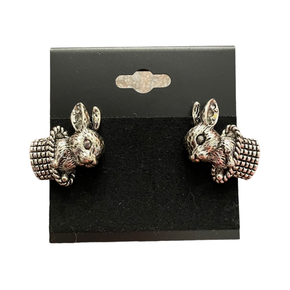 Rabbit Earrings Pierced Omega Back Silver-Tone Metal Easter Bunny Basket